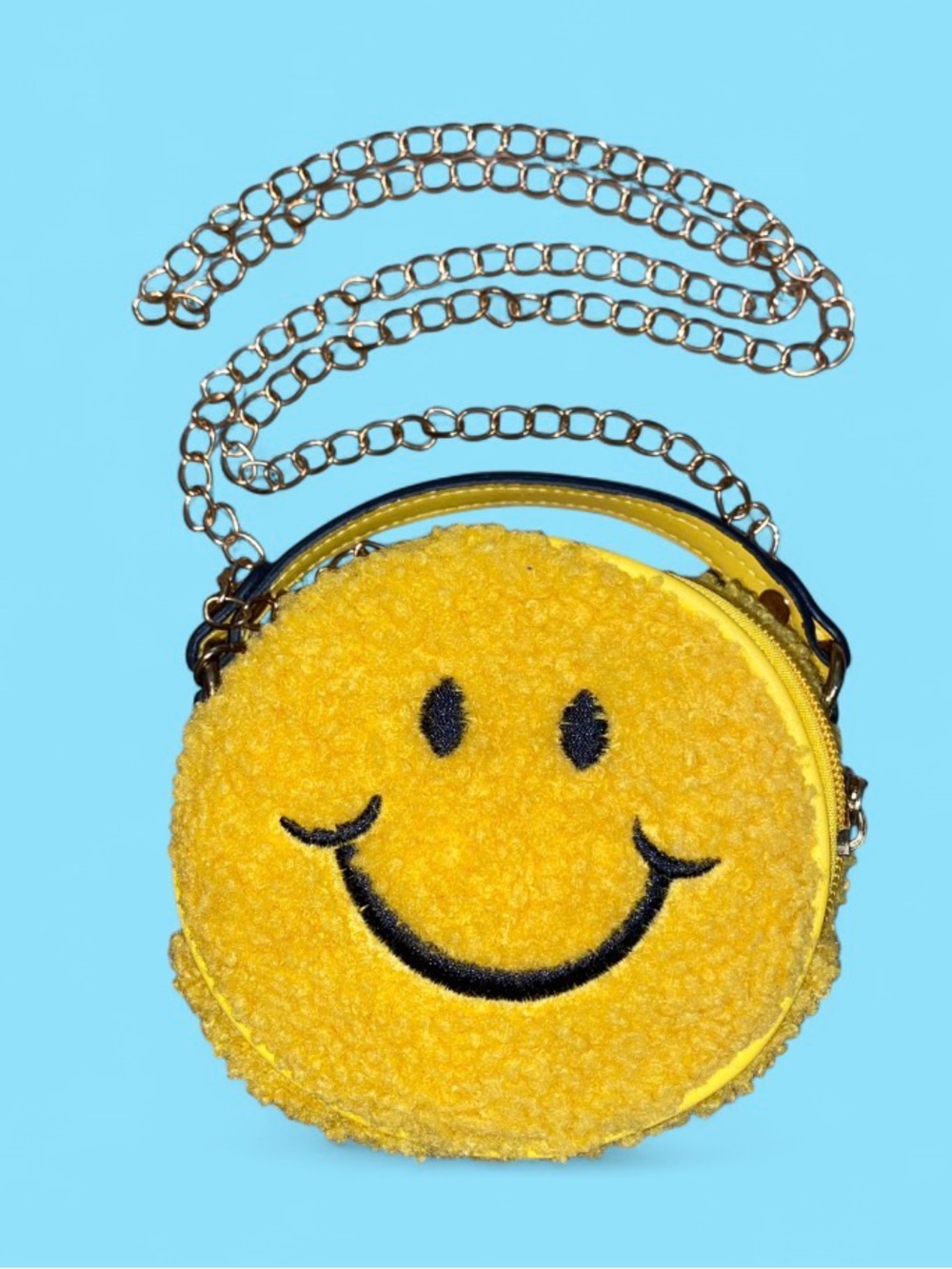 Micro Yellow Smiley Face Fuzzy Crossbody Bag with Gold Chain - Mini 5 Inch Purse